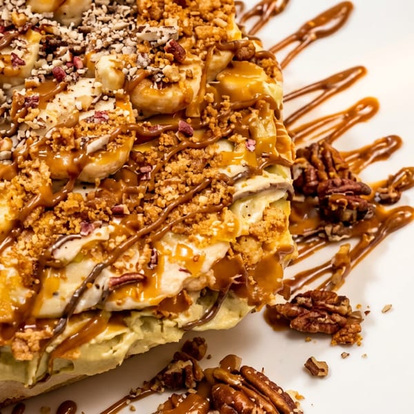 Layered dessert with banana slices, pecans, cookie crumbs, and caramel drizzle on a white plate.