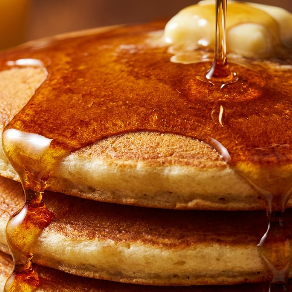 Syrup pouring over a stack of fluffy pancakes topped with melting butter, with orange juice in background.