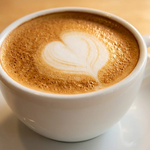 White cup of coffee with a heart-shaped latte art on a wooden table.