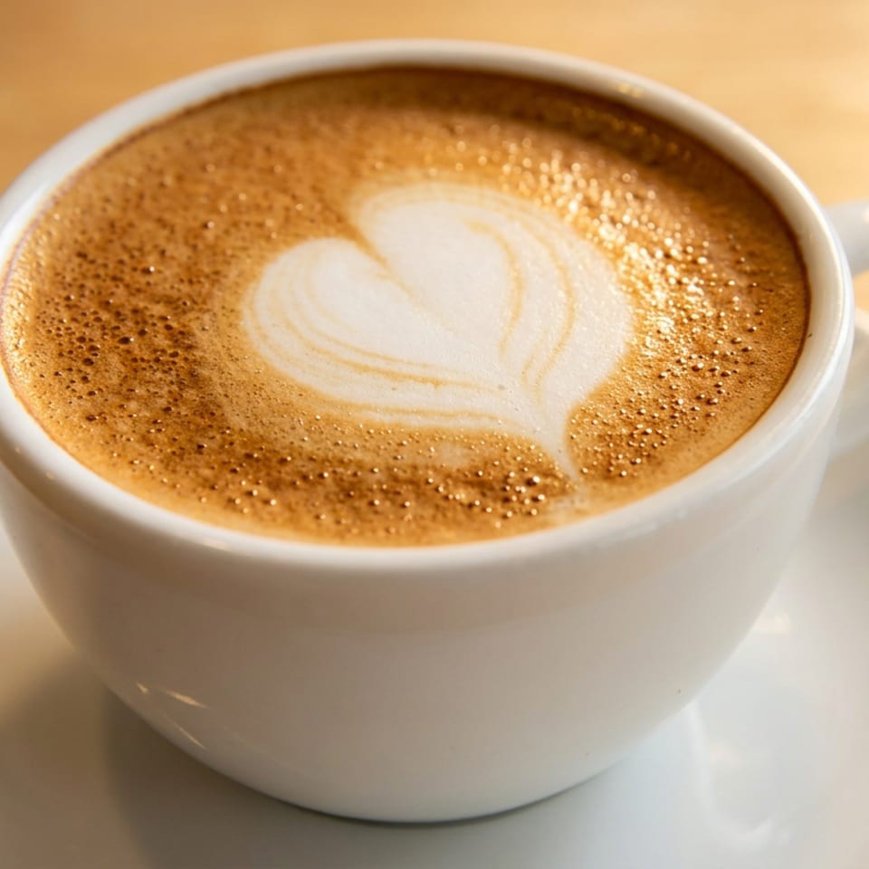 White cup of coffee with a heart-shaped latte art on a wooden table.